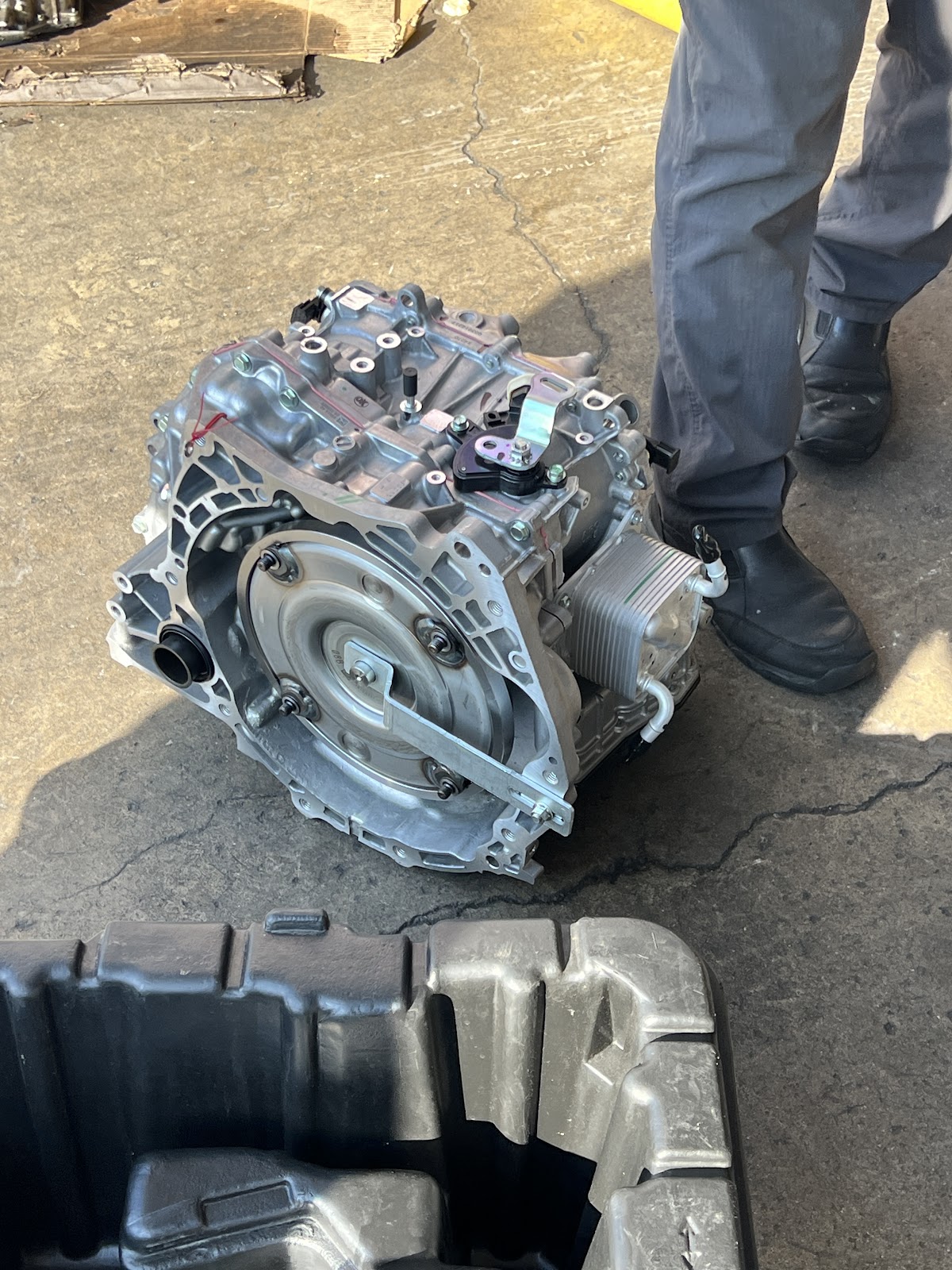 A rebuilt automatic transmission on the shop floor